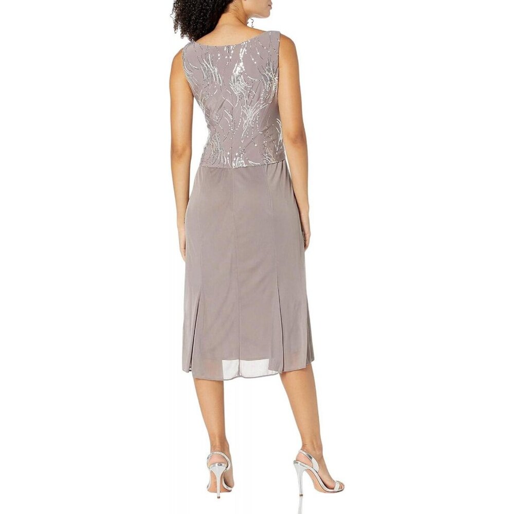 Alex Evenings Women's Tea Length Sequin Dress Pewter Brown / Frost 10 - Picture 13 of 14